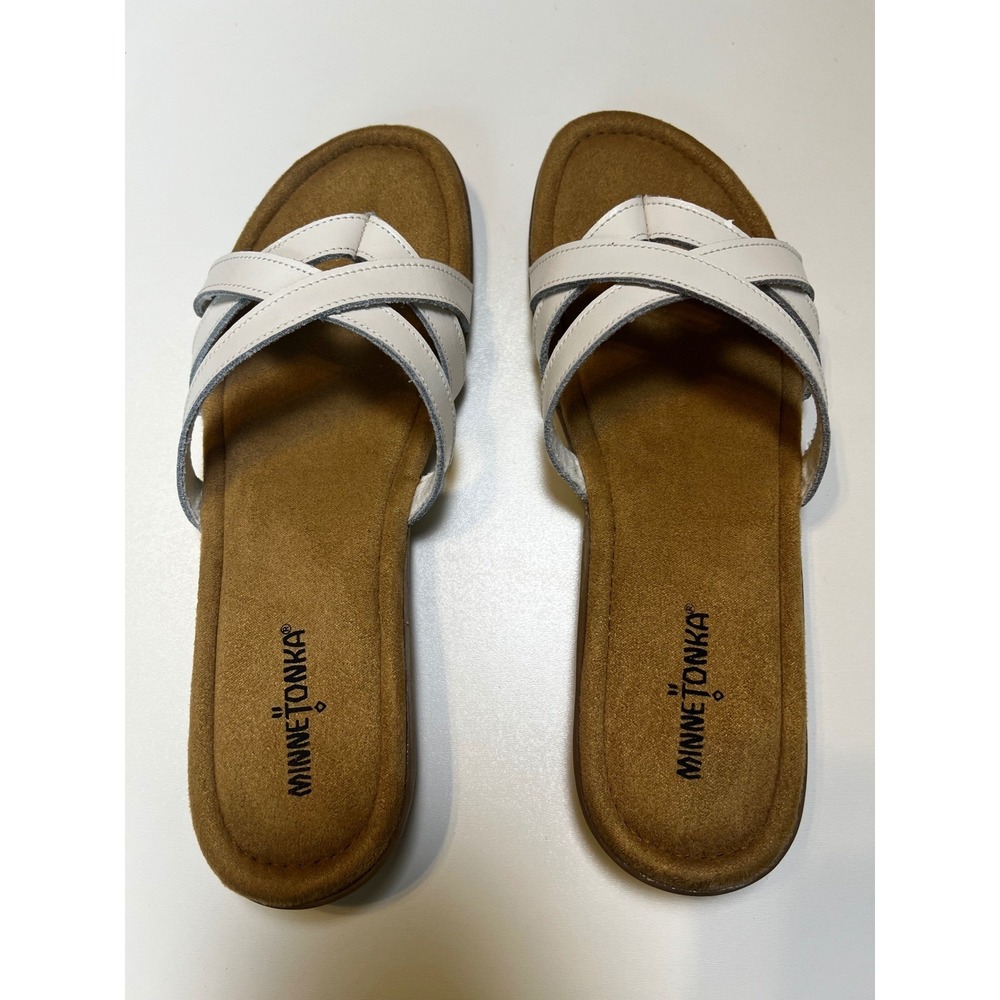 Minnetonka Sunny Women's White Leather Strappy Slip On Thong Sandals Sz 11N NWT